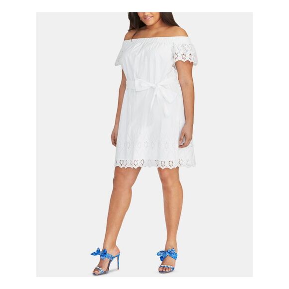 RACHEL ROY Womens Navy Belted Lace Floral Sleeveless Crew Neck Above The Knee Shift Dress